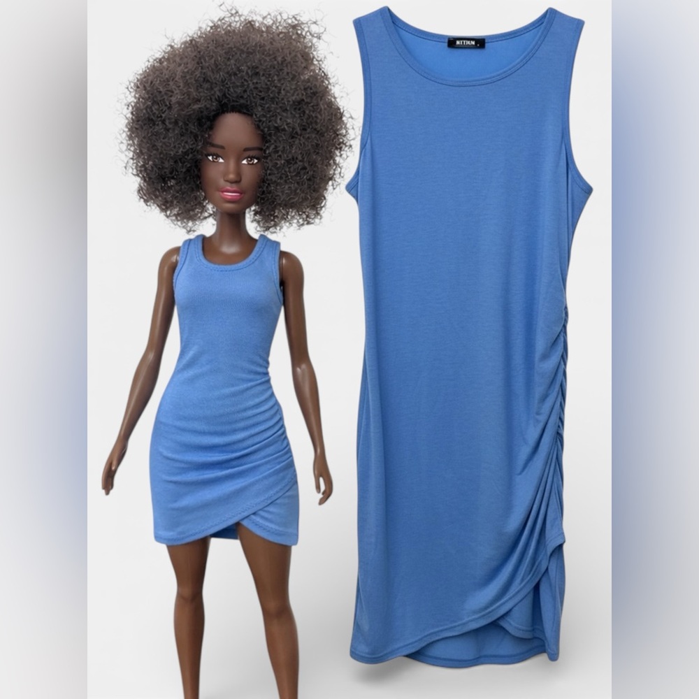 Ruched Bodycon Dress Blue Sleeveless Stretch Mini Dress